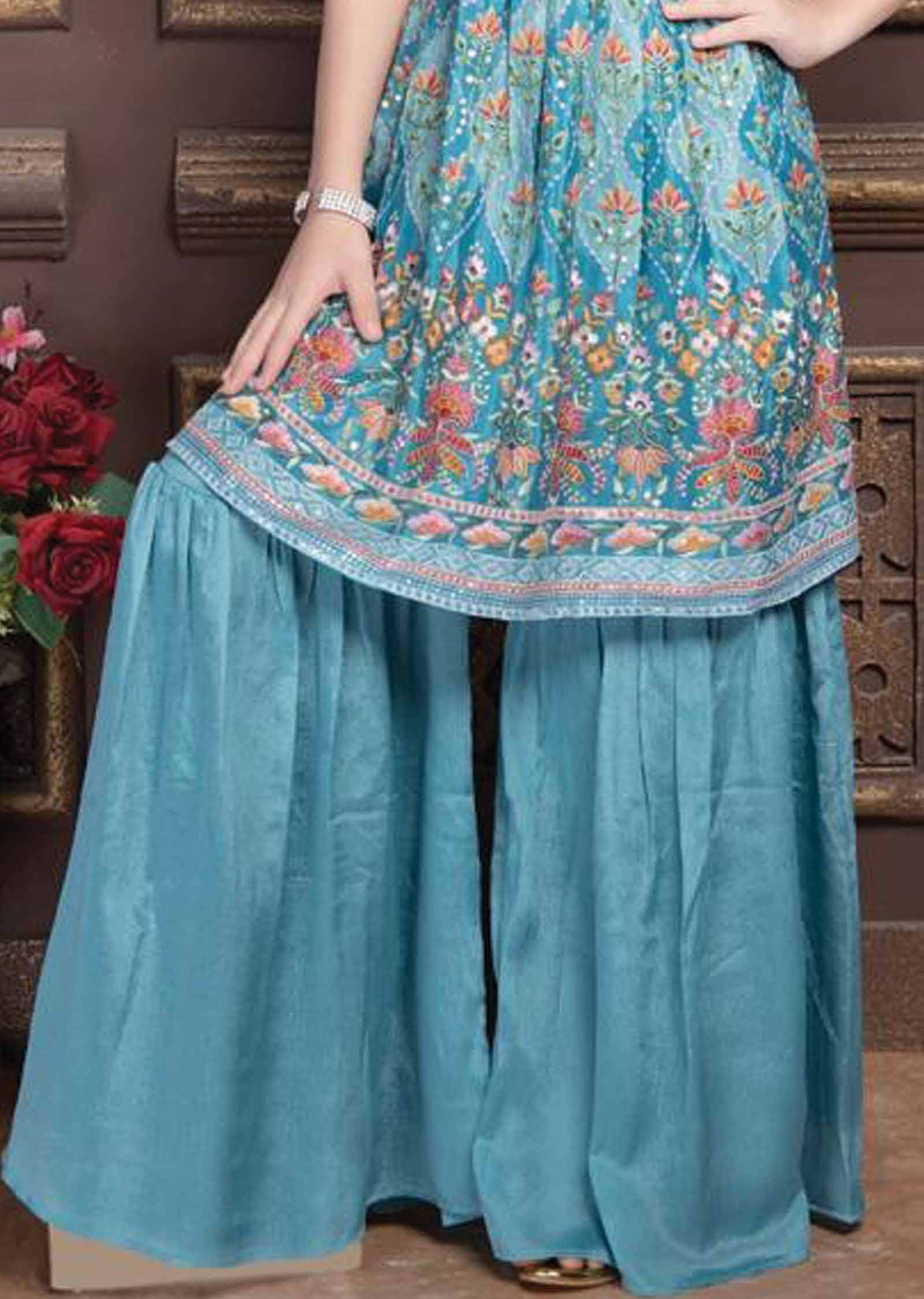 Blue Chinnon Aliacut Kids Gharara