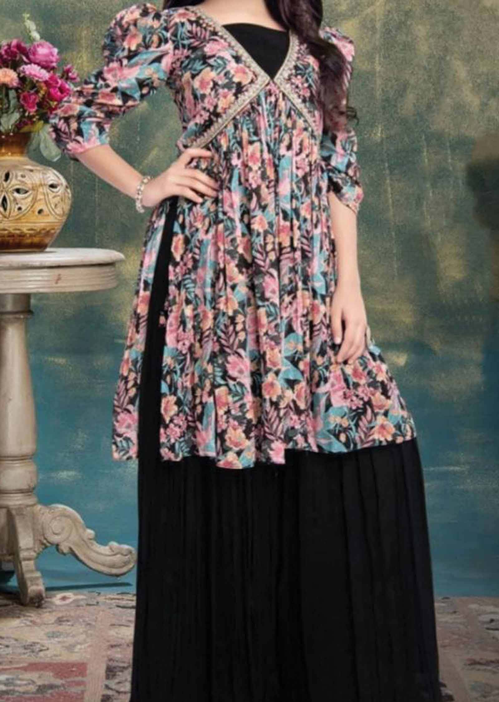 Black Chinnon Zardosi & Embroidered Aliacut Kids Gharara