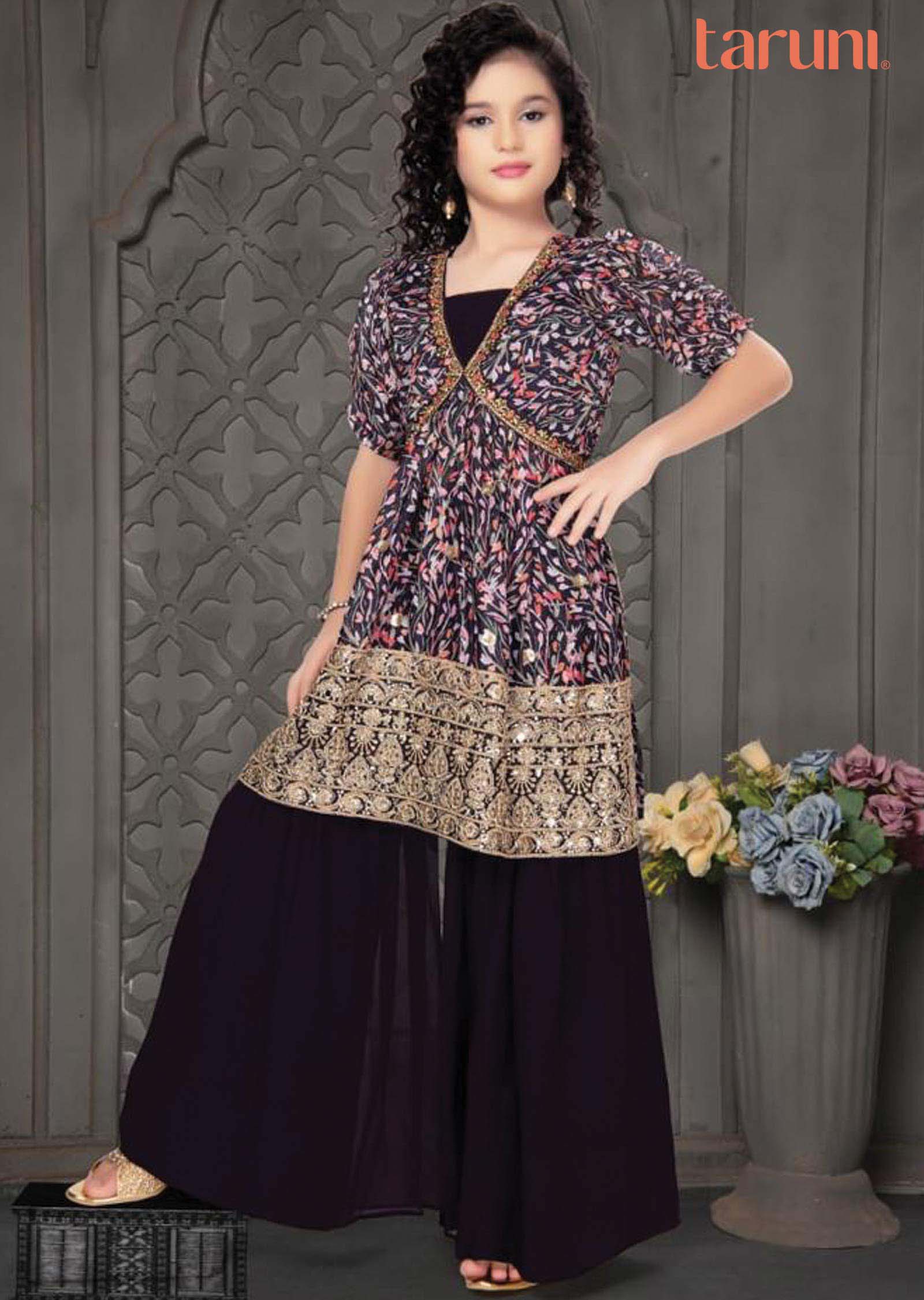 Purple Chinnon Aliacut Kids Gharara