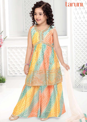 Multi Color Chinnon Embroidered Alia cut Kids Gharara