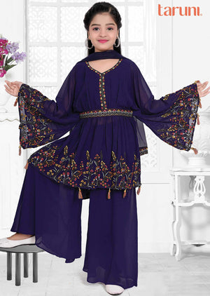 Navy Blue Georgette Resham Work Kids Palazzo Set