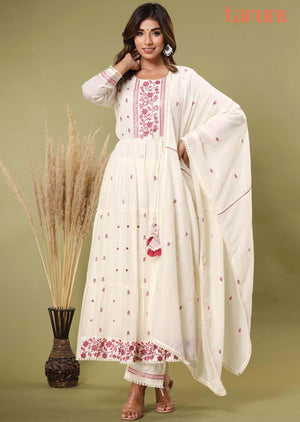 Off White Cotton Sequins Anarkali