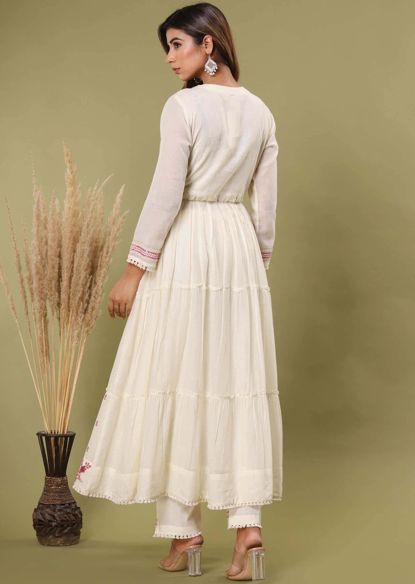 Off White Cotton Sequins Anarkali