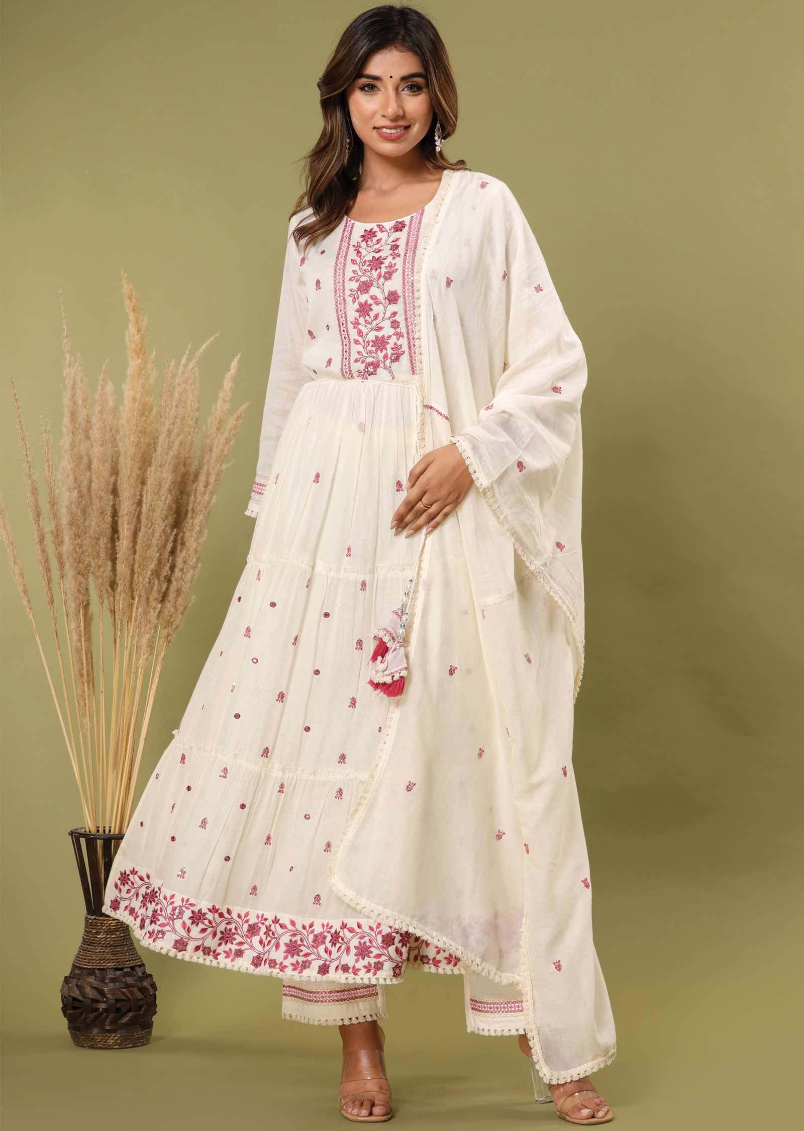 Off White Cotton Sequins Anarkali