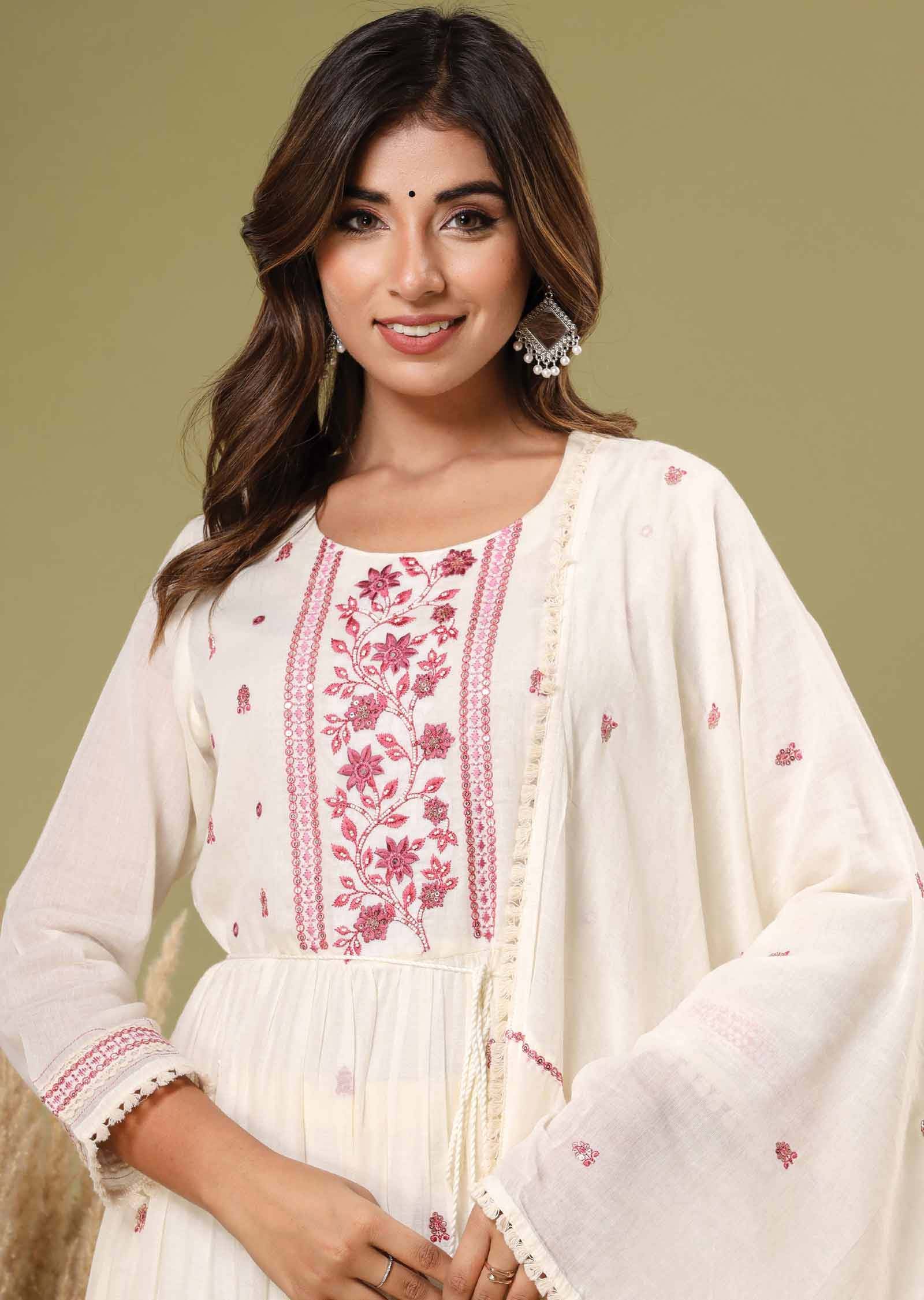 Off White Cotton Sequins Anarkali