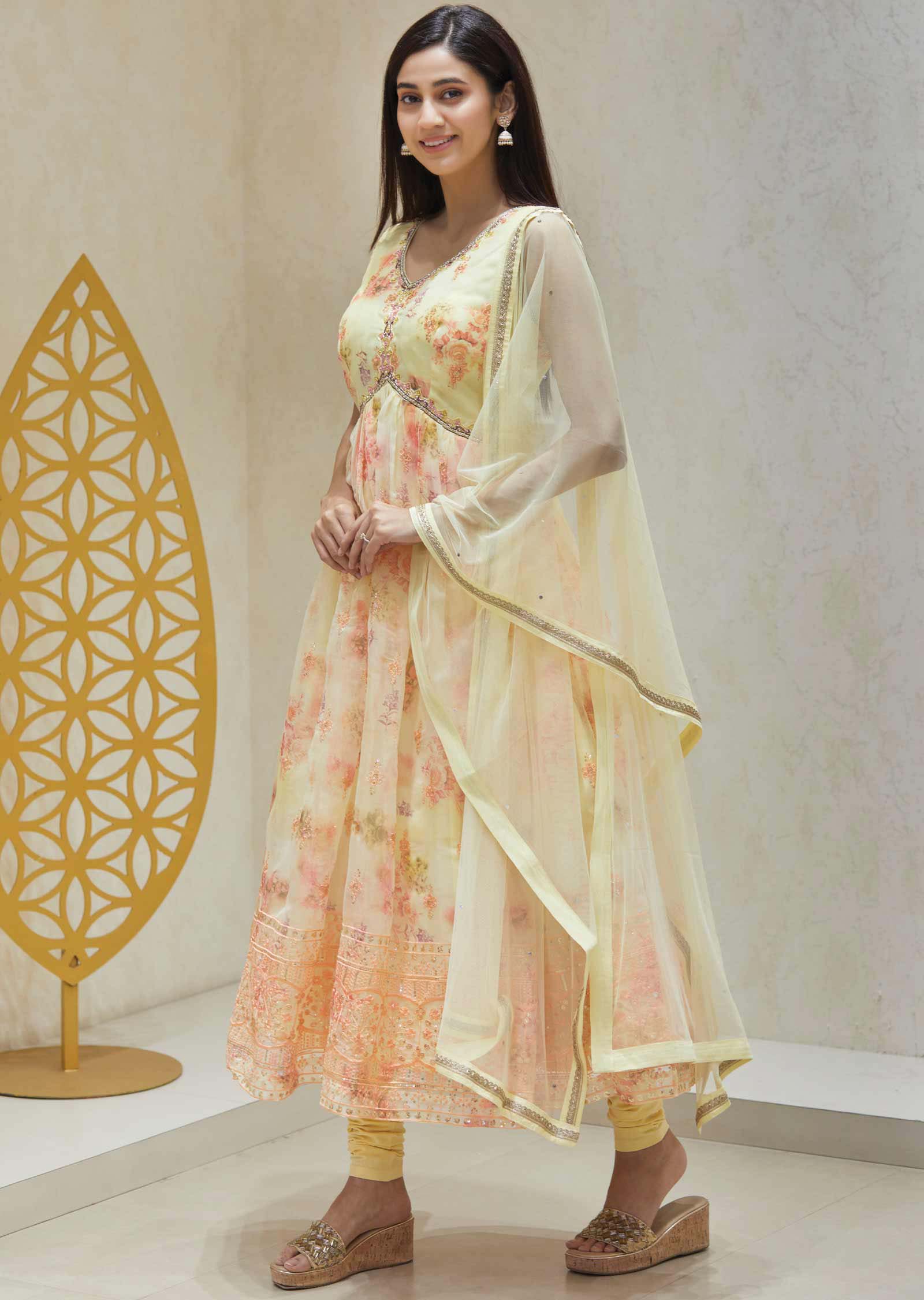 Light Yellow  Organza Zardosi & Embroidered Anarkali