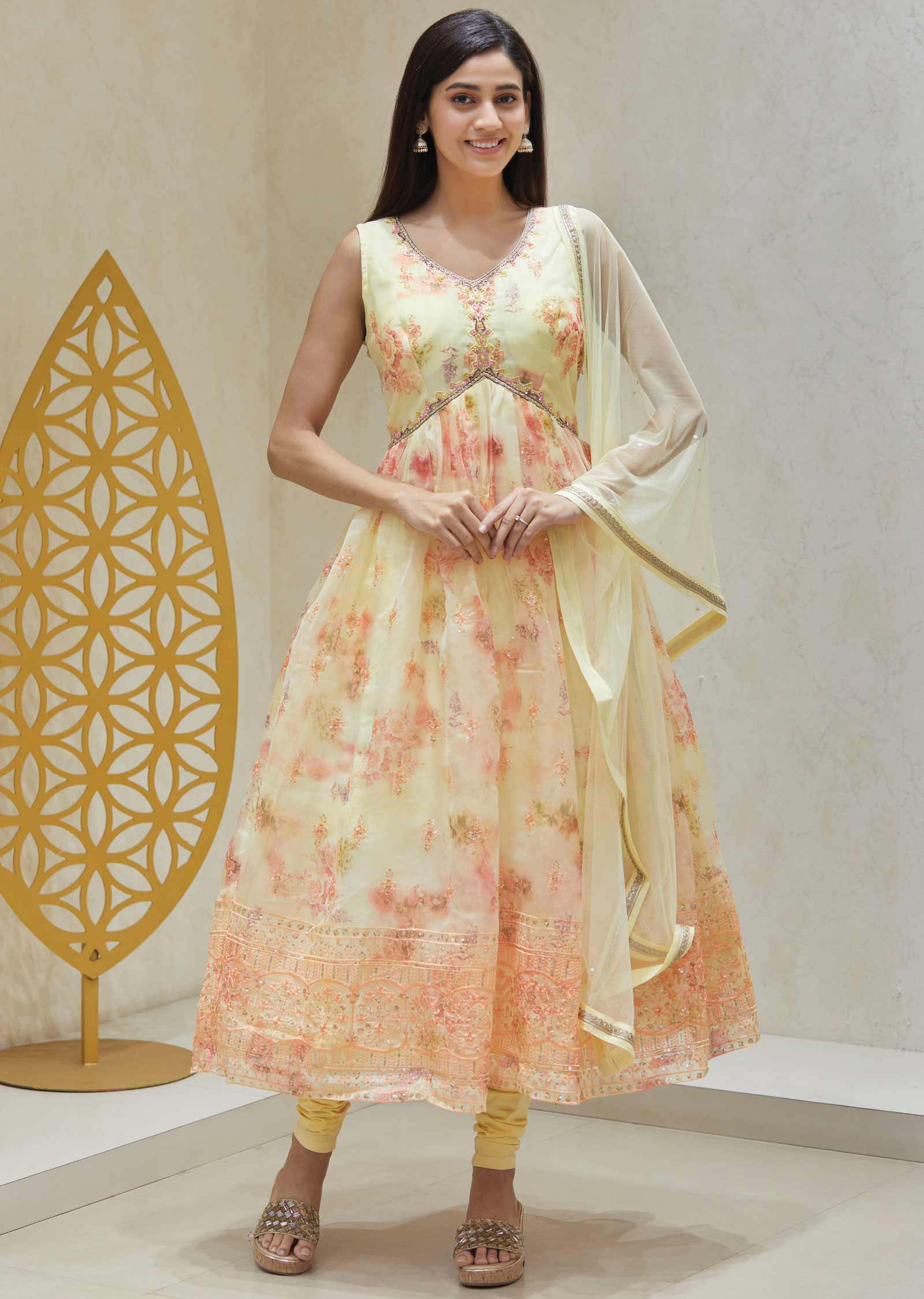 Light Yellow  Organza Zardosi & Embroidered Anarkali