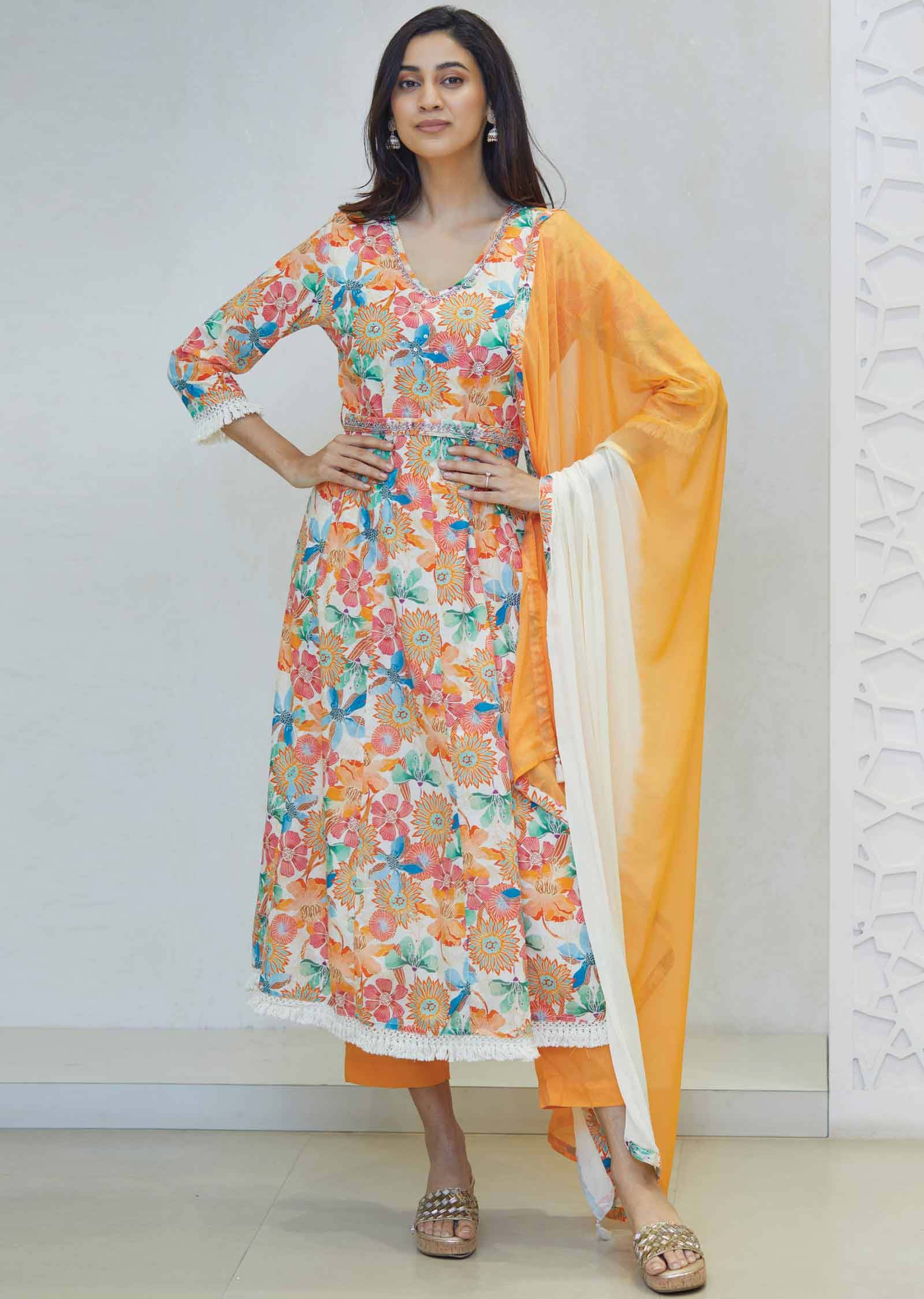 Cream Cotton Printed Anarkali