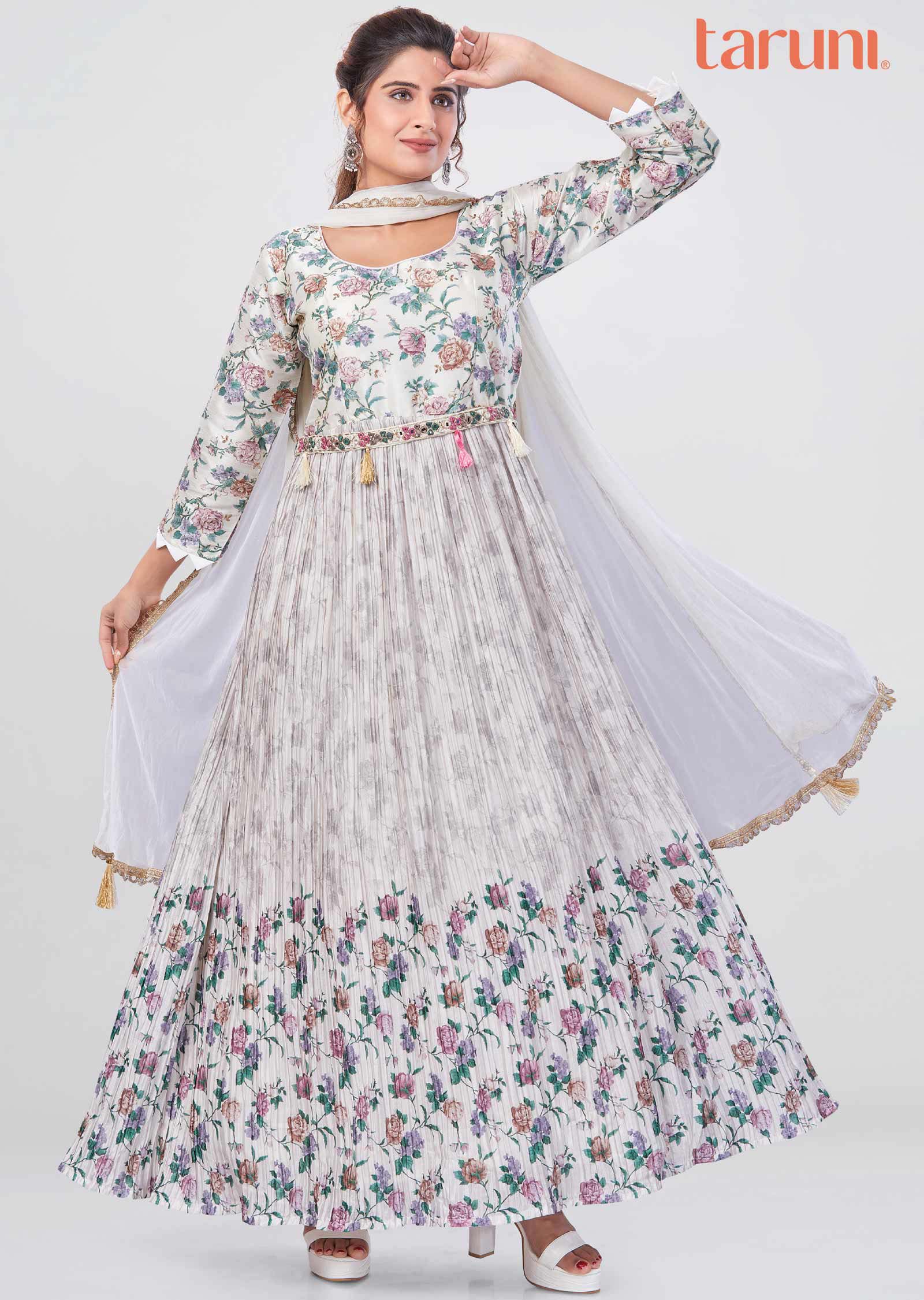 Cream Silk/Chinnon Floral Printed Anarkali