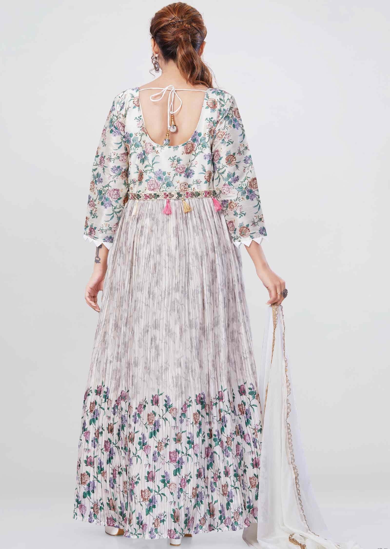 Cream Silk/Chinnon Floral Printed Anarkali