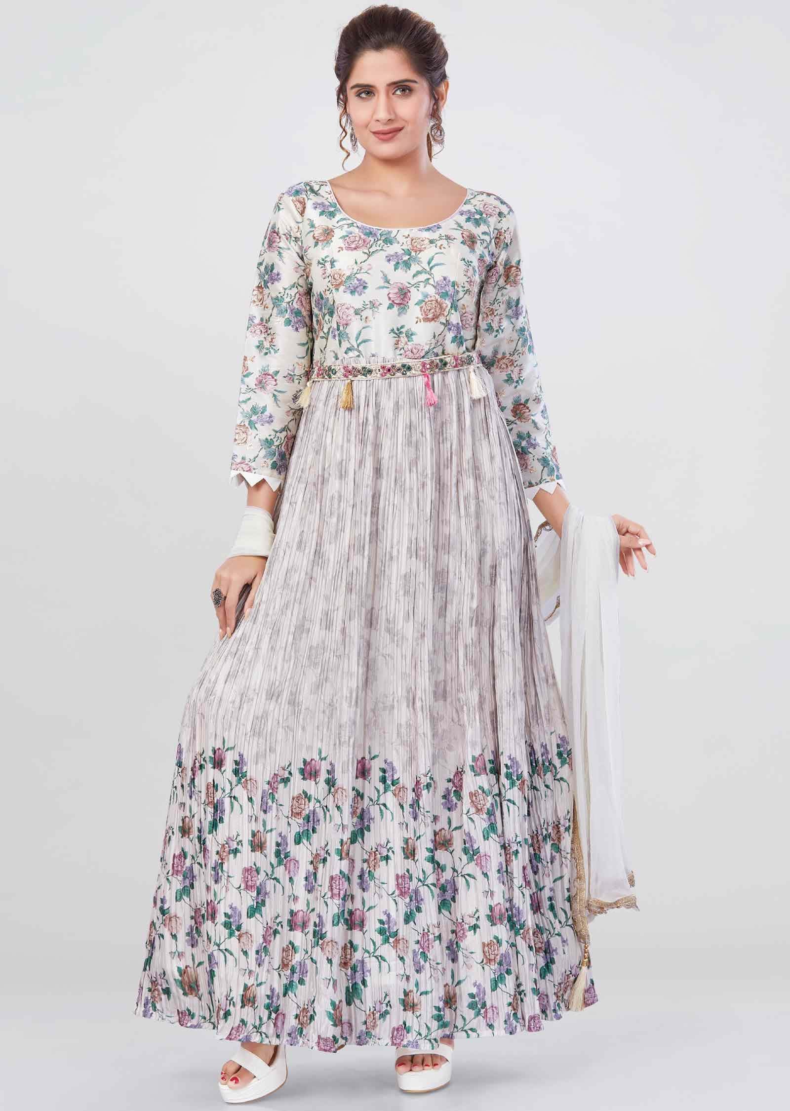 Cream Silk/Chinnon Floral Printed Anarkali