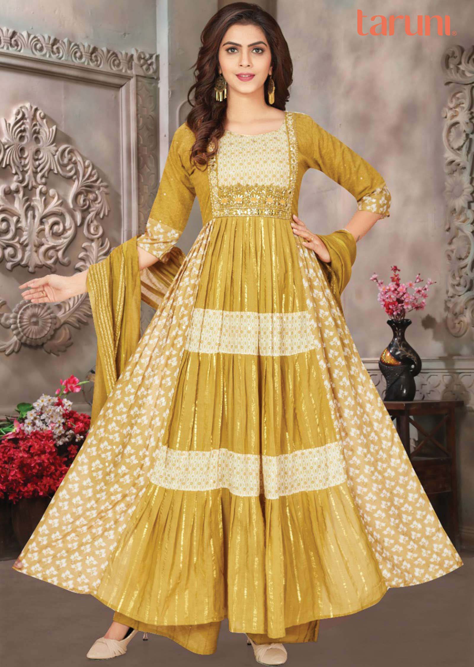 Mustard Muslin Embroidered Nayara Cut