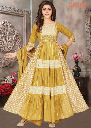 Mustard Muslin Embroidered Nayara Cut