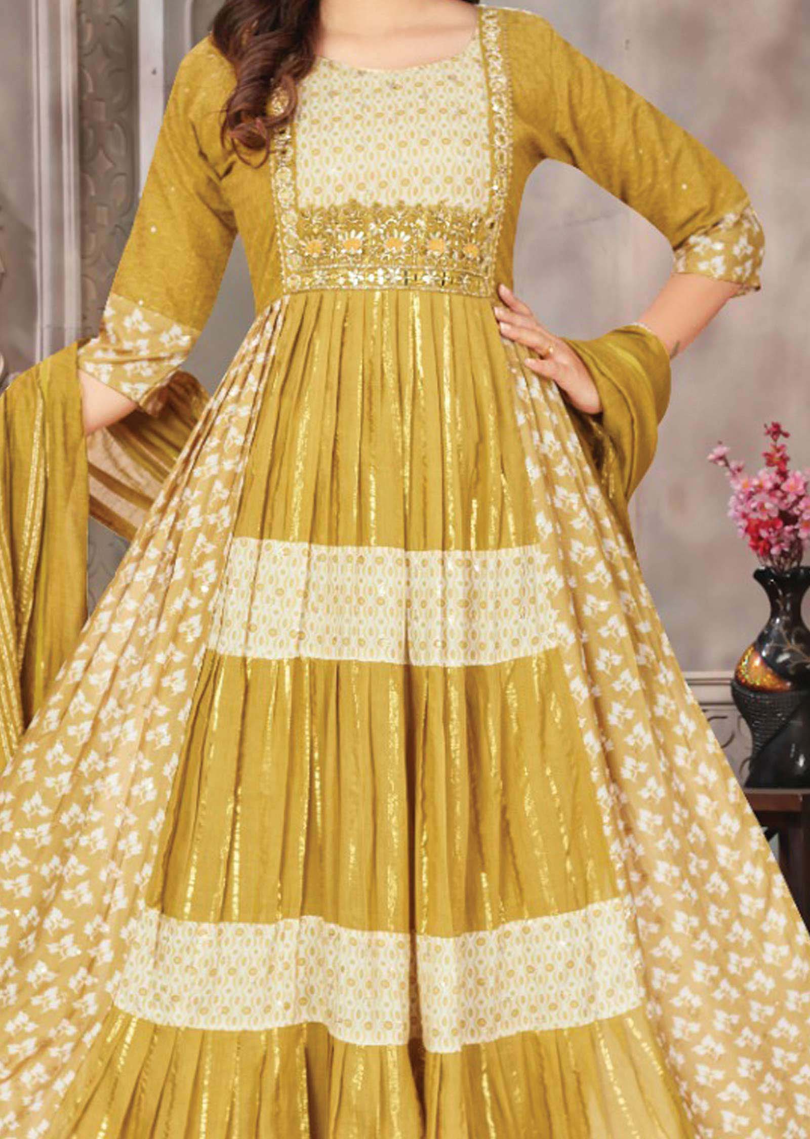 Mustard Muslin Embroidered Nayara Cut