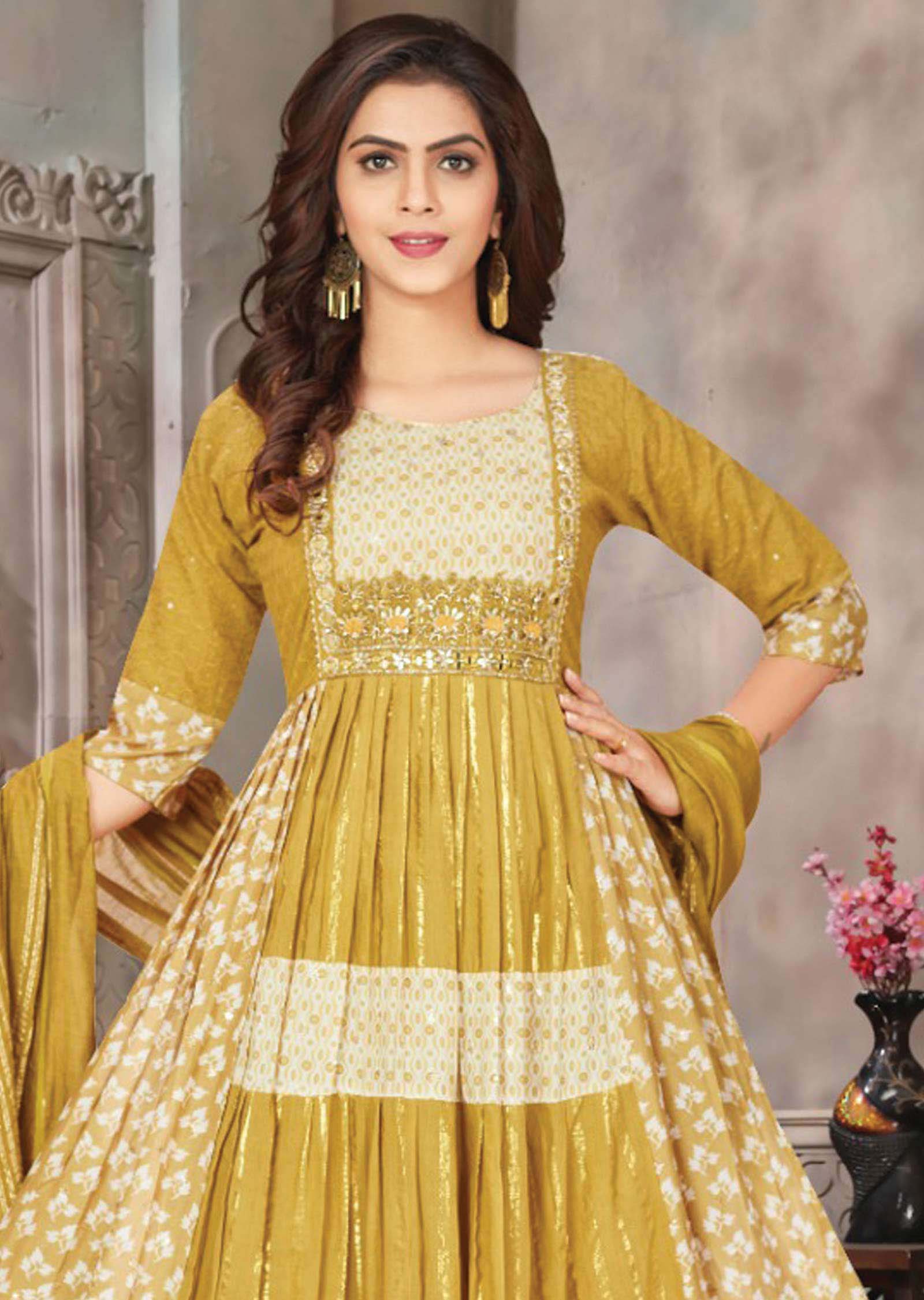 Mustard Muslin Embroidered Nayara Cut