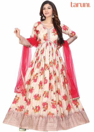 Beige Chinnon Zardosi & Embroidered Anarkali