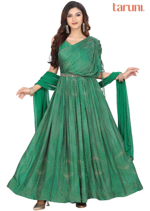 Green Chinnon Printed Anarkali