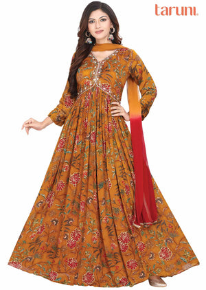 Dark Mustard Chinnon Zardosi & Embroidered Anarkali