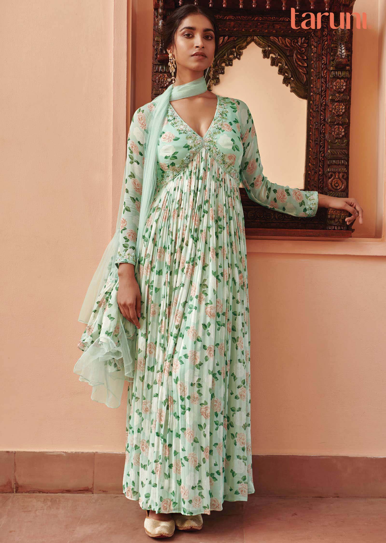 Light sea green Georgette Floral Printed Anarkali