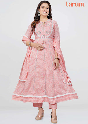 Pink Cotton Printed Anarkali