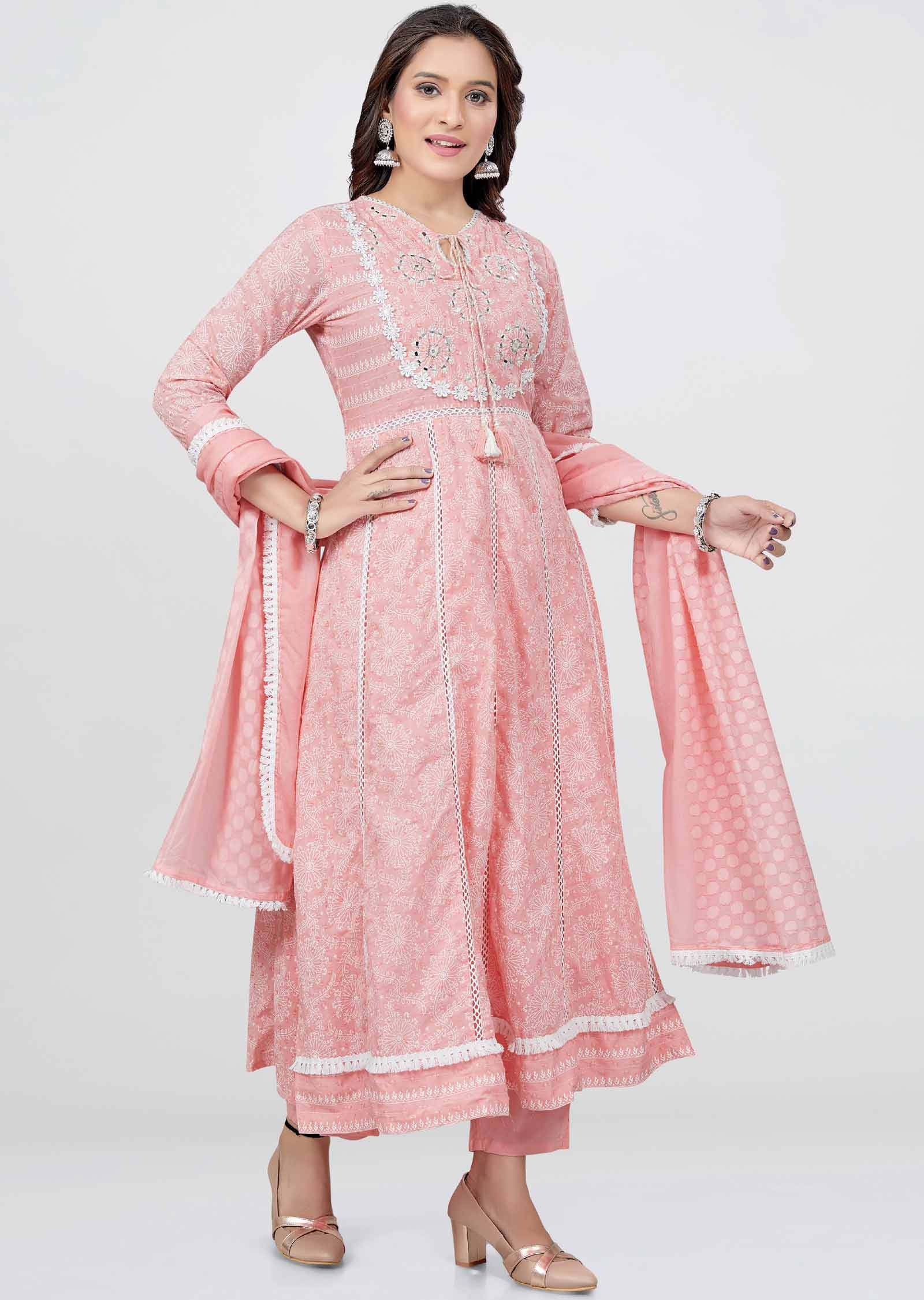 Pink Cotton Printed Anarkali