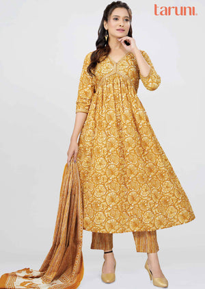 Mustard Cotton Printed Anarkali