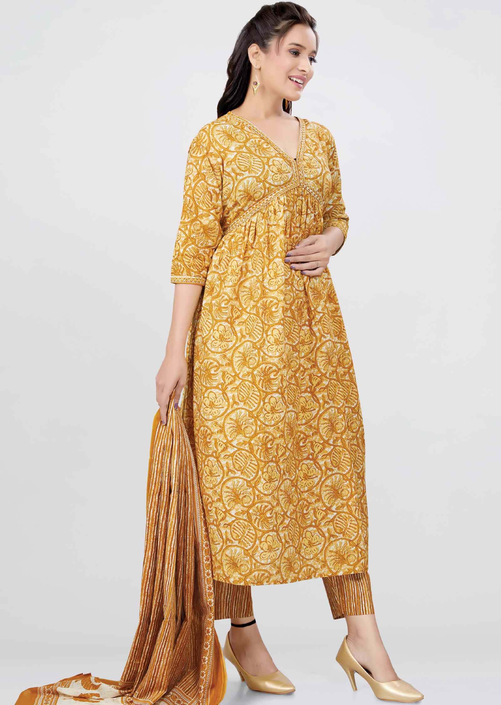 Mustard Cotton Printed Anarkali