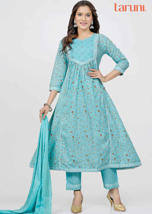 Sea Green Cotton Printed Anarkali