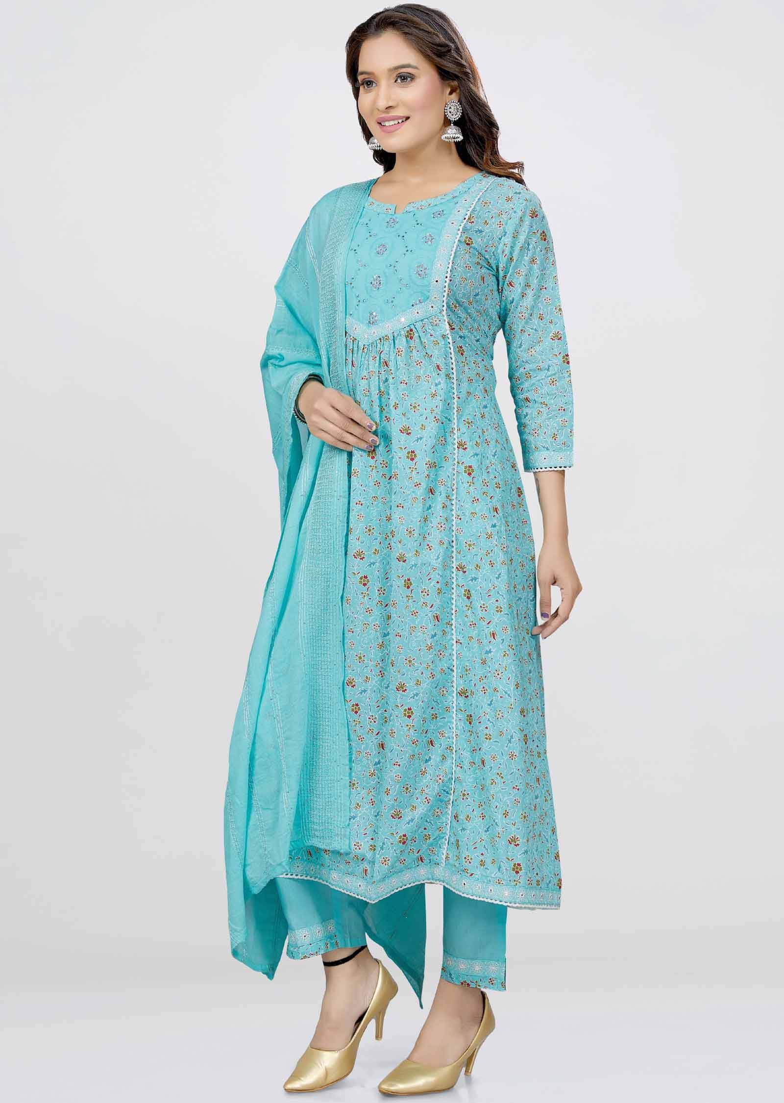 Sea Green Cotton Printed Anarkali