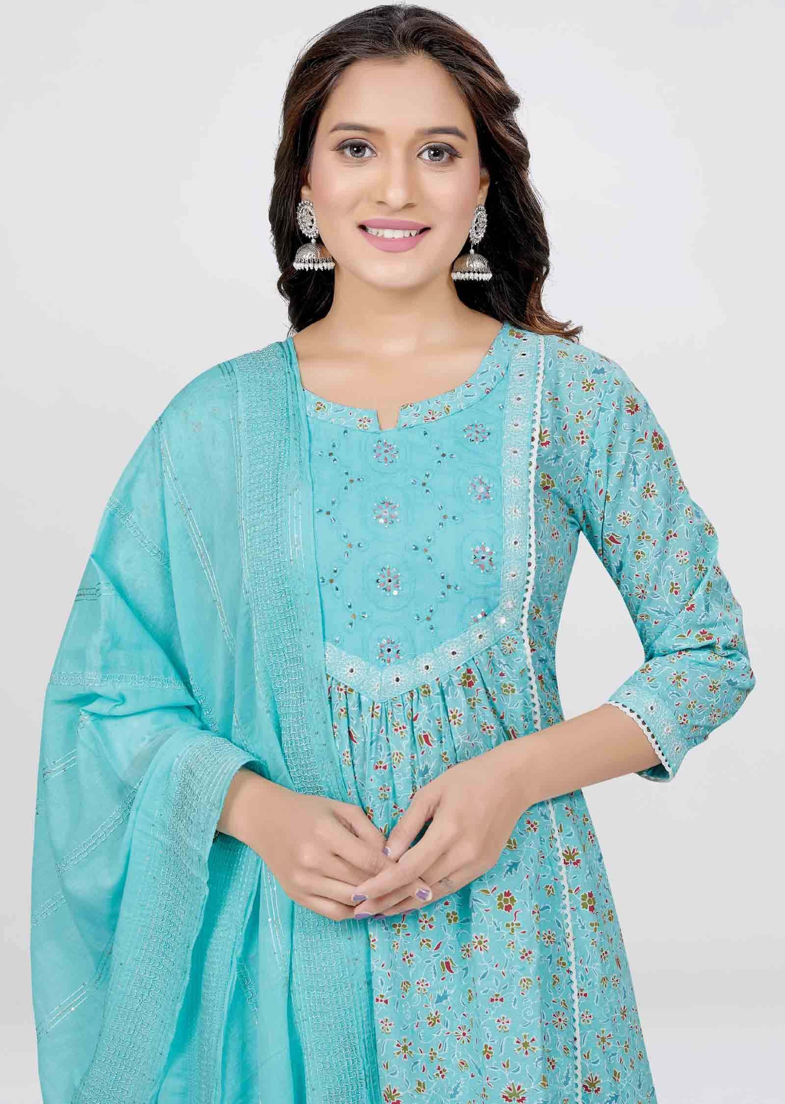 Sea Green Cotton Printed Anarkali