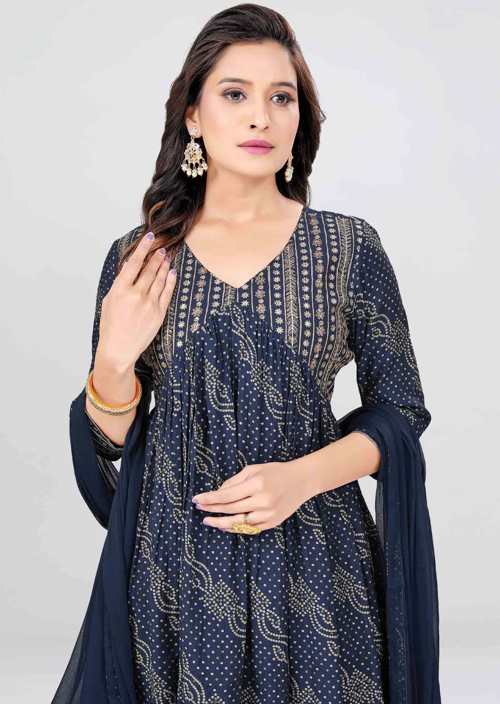 Navy Blue Modal Printed Anarkali