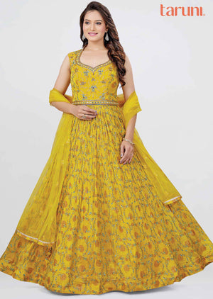 Yellow Chinnon Embroidered Alia Cut Nayara Cut