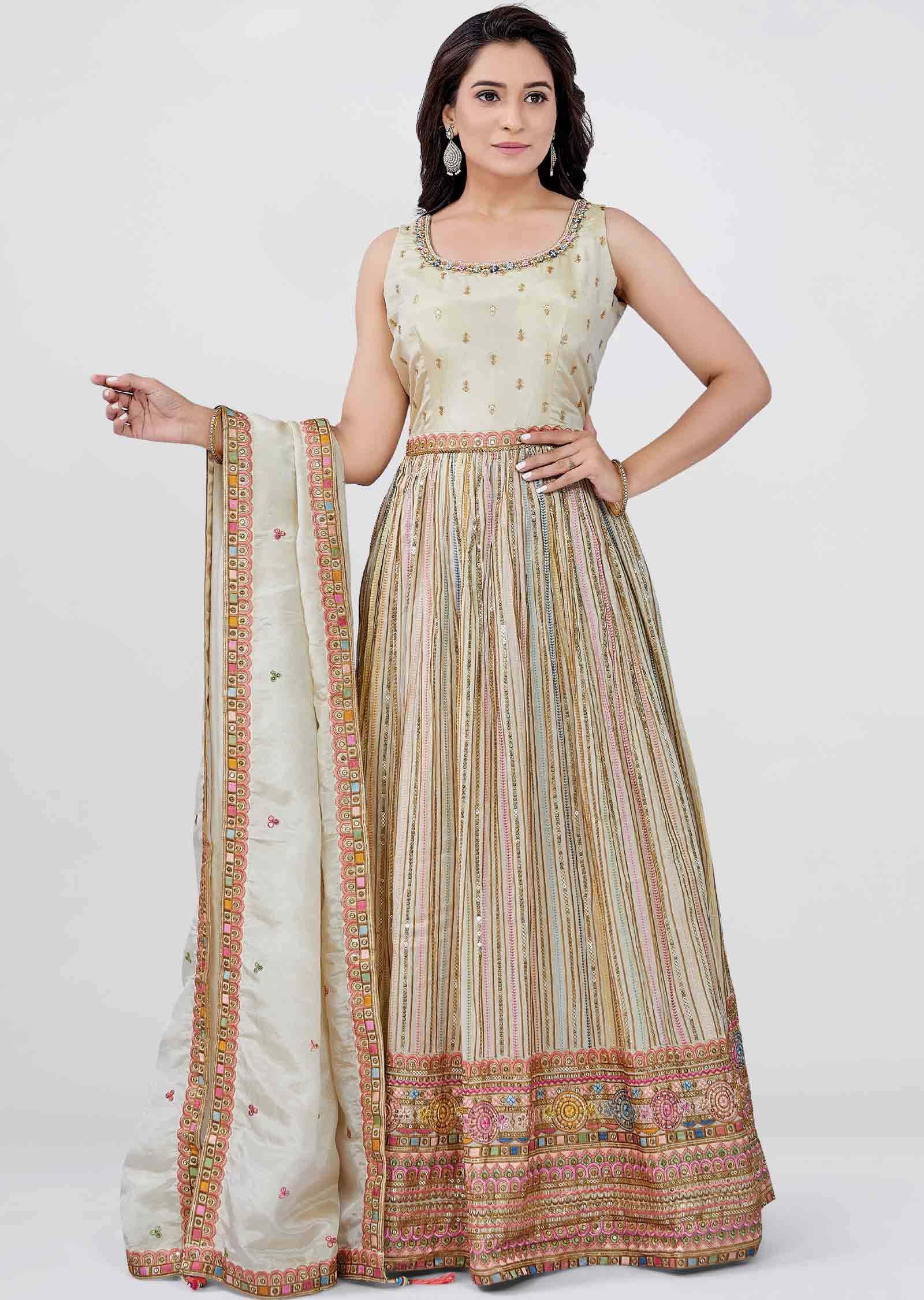 Beige Tissue Silk Embroidered Anarkali