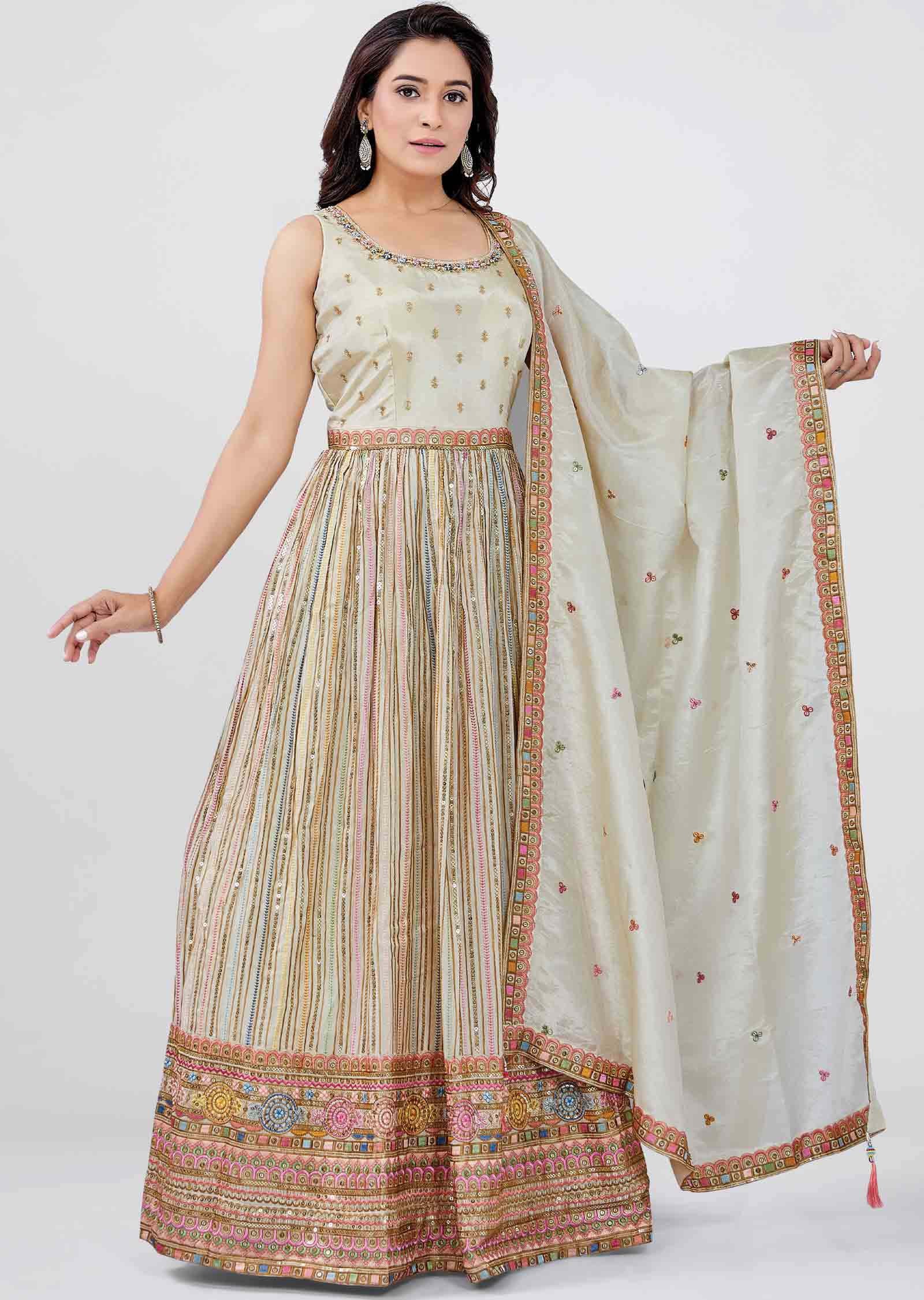 Beige Tissue Silk Embroidered Anarkali