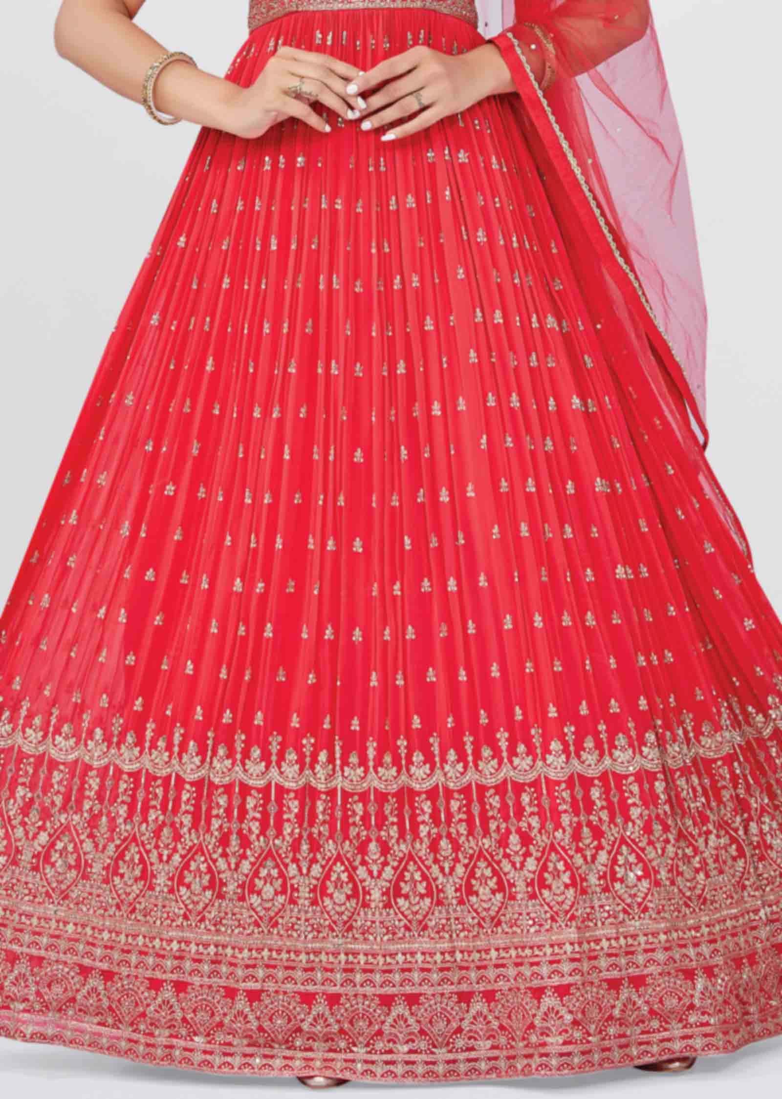 Coral Georgette Embroidered Anarkali