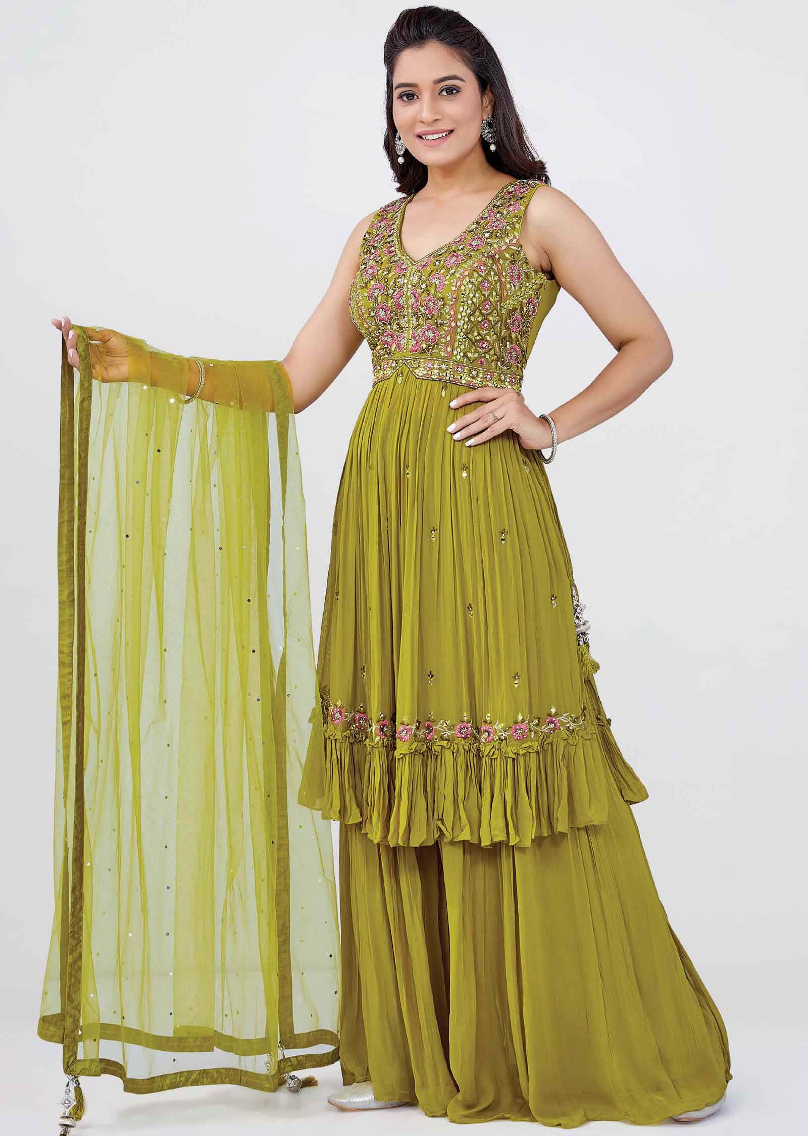 Mehendi Green Georgette Embroidered Anarkali