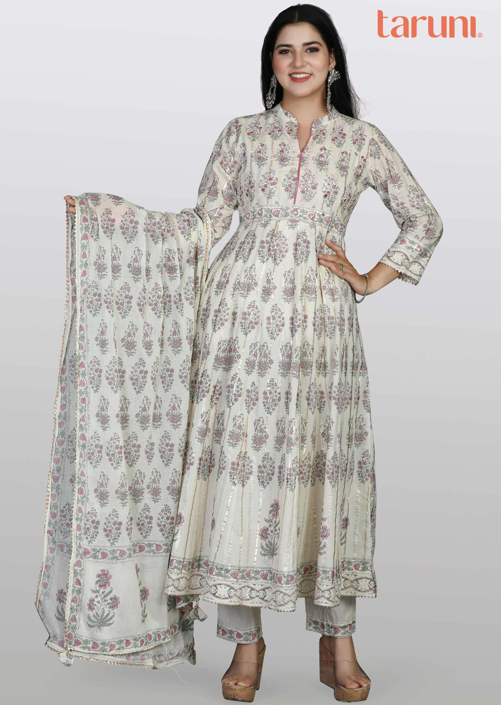 Cream Cotton Sequins Anarkali