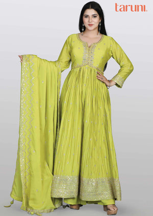 Lime Green Chinnon Embroidered Anarkali