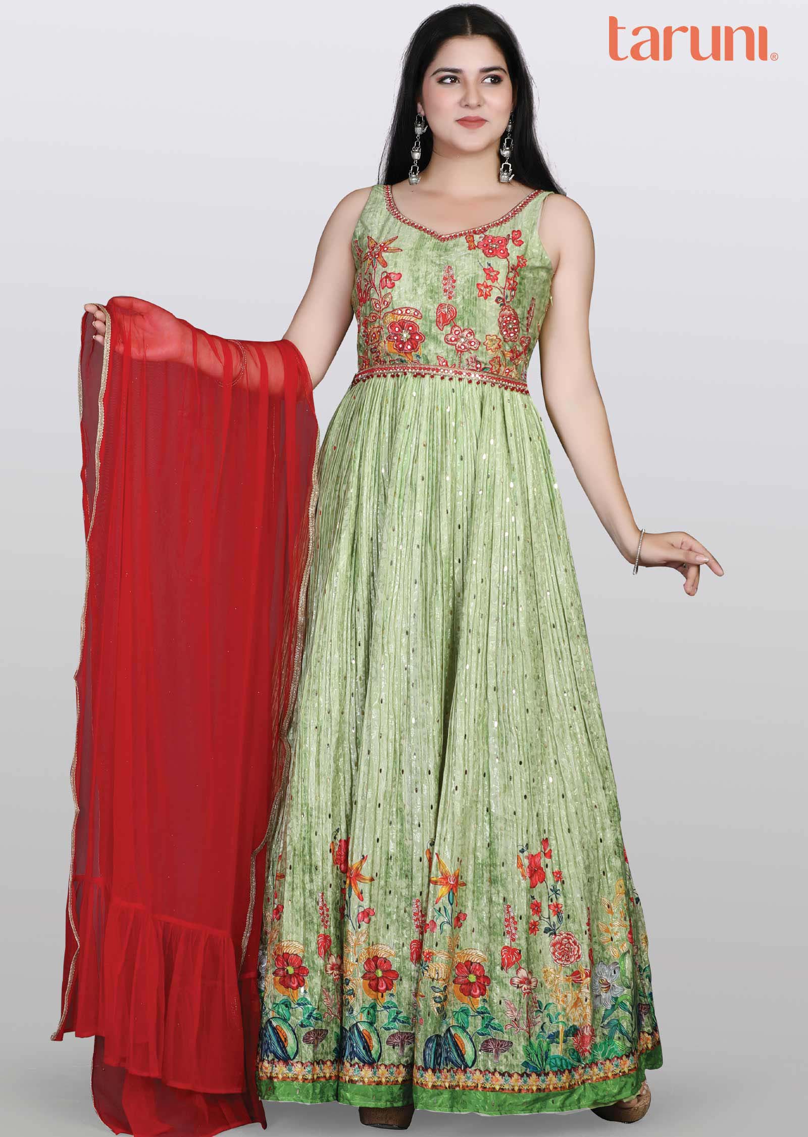 light leaf green Crepe Zardosi & Embroidered Anarkali