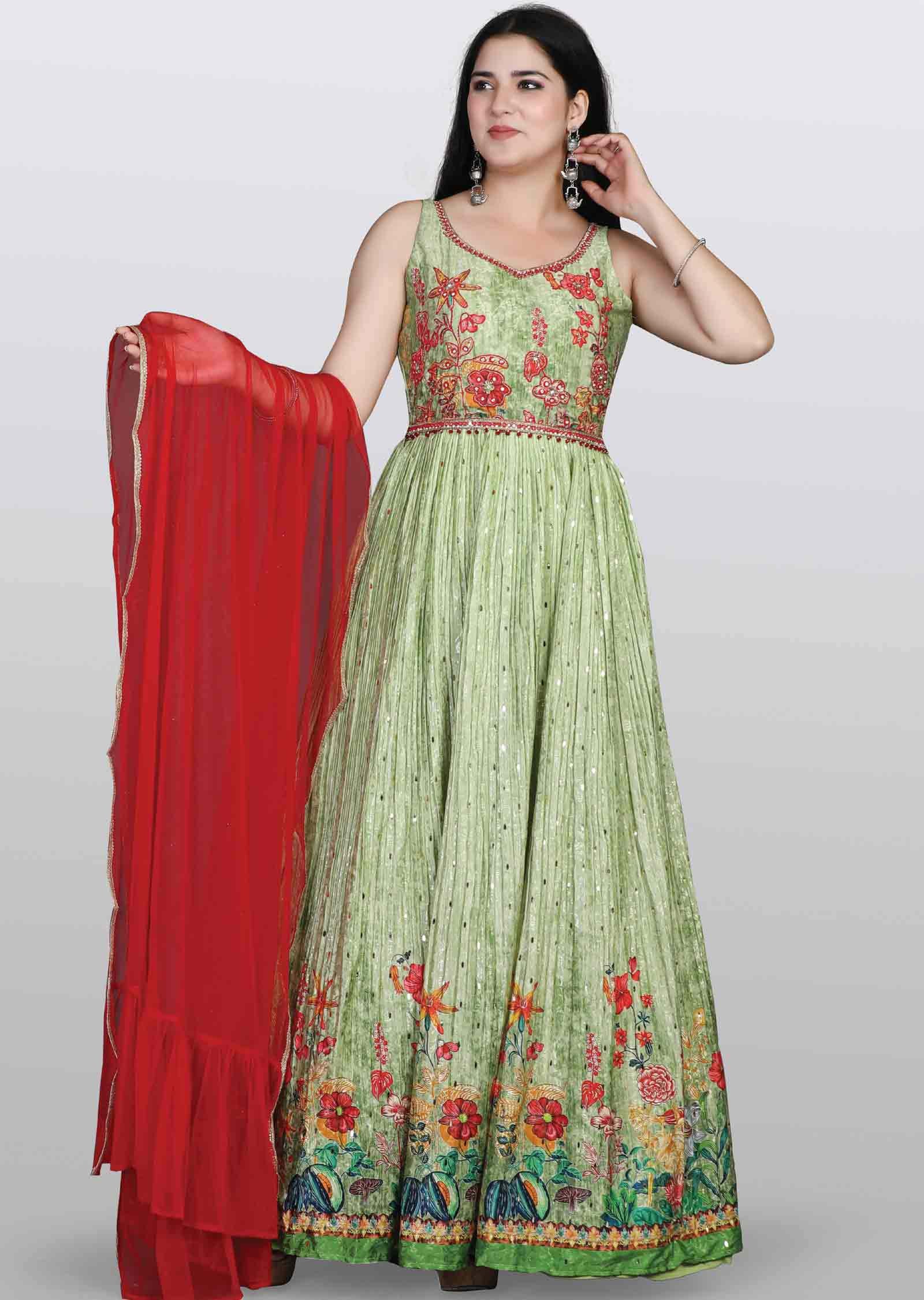 light leaf green Crepe Zardosi & Embroidered Anarkali