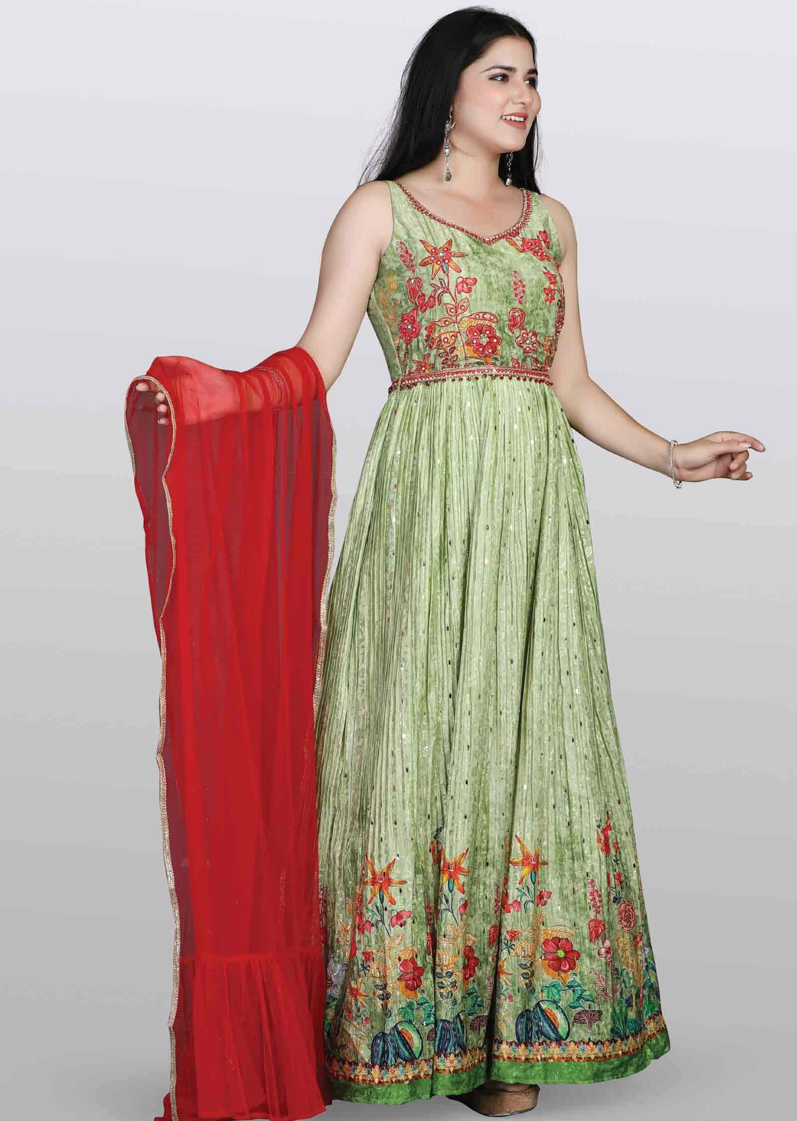 light leaf green Crepe Zardosi & Embroidered Anarkali