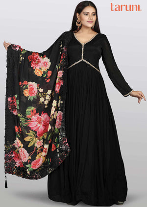 Black Chinnon Embroidered Alia cut Anarkali