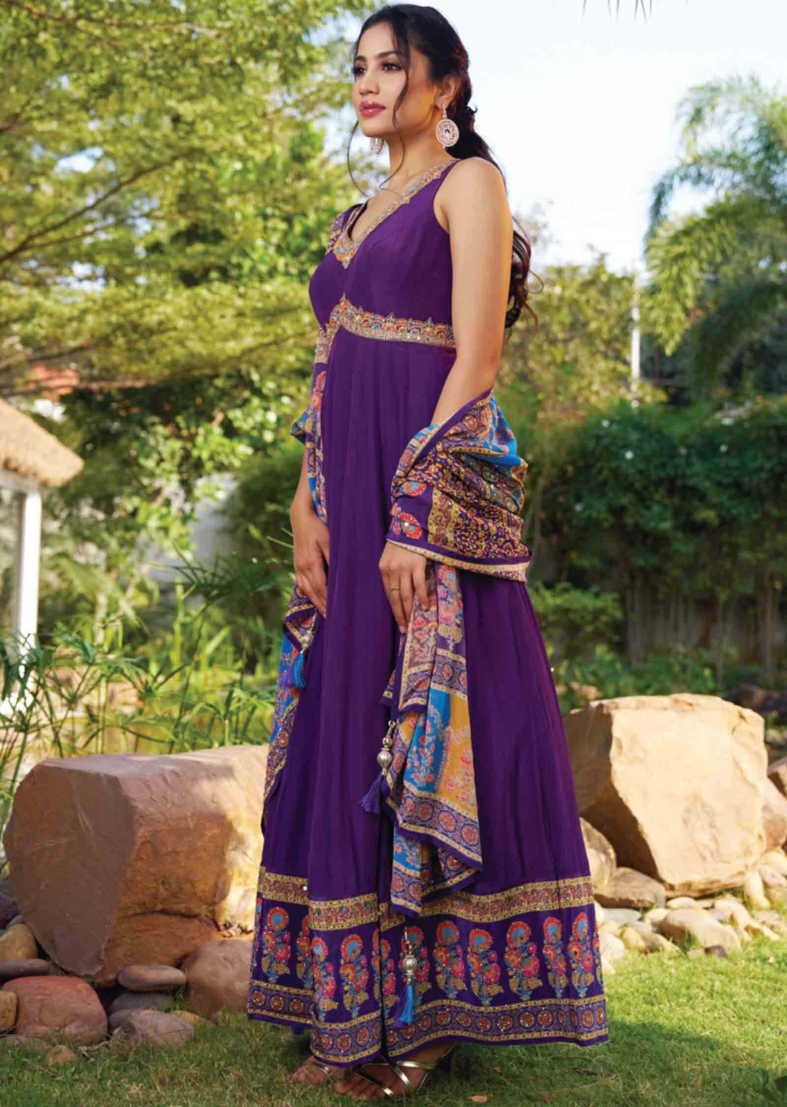 Purple Crepe Embroidered Alia cut Anarkali