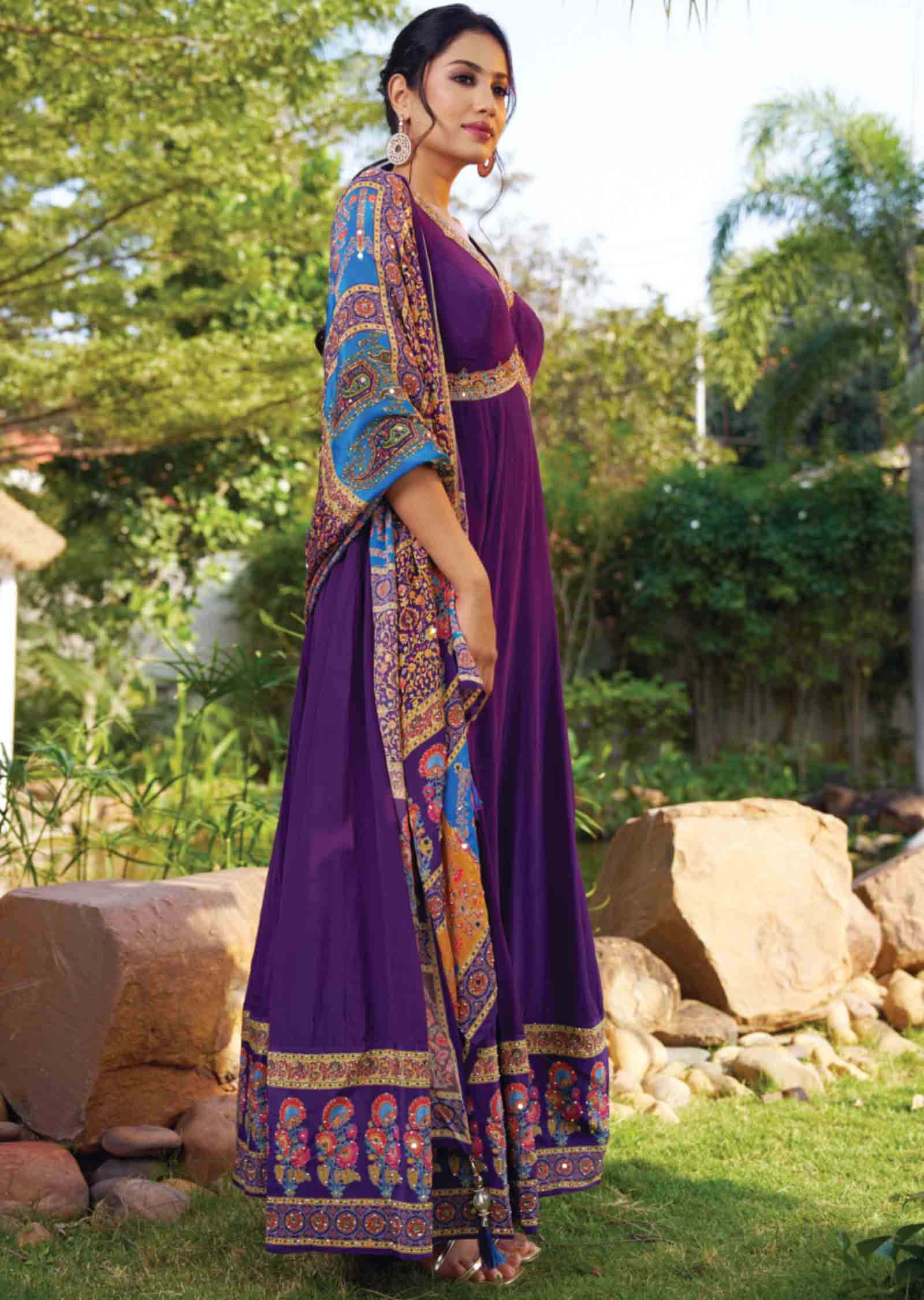 Purple Crepe Embroidered Alia cut Anarkali