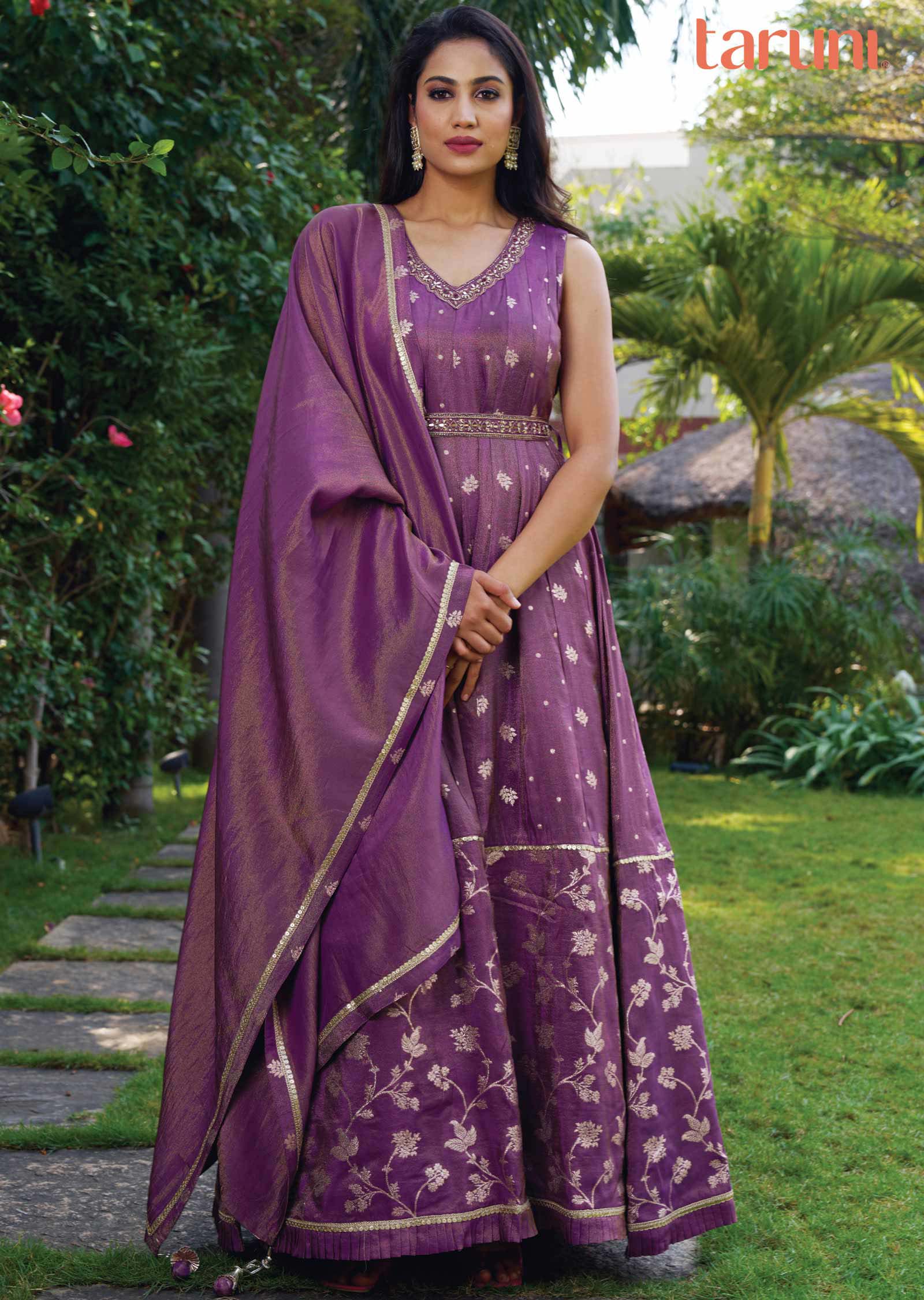Purple Tissue Silk Embroidered Anarkali
