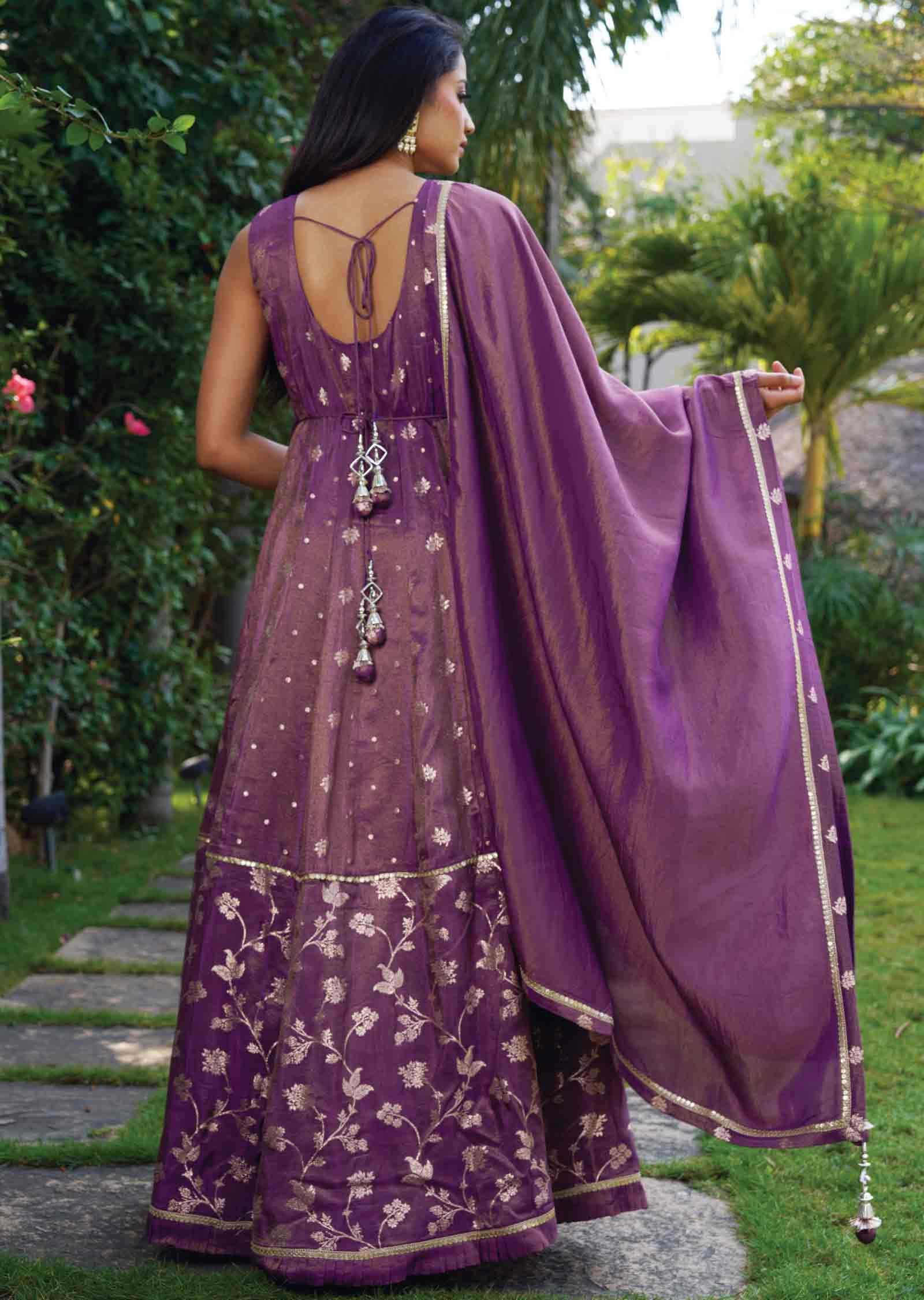 Purple Tissue Silk Embroidered Anarkali