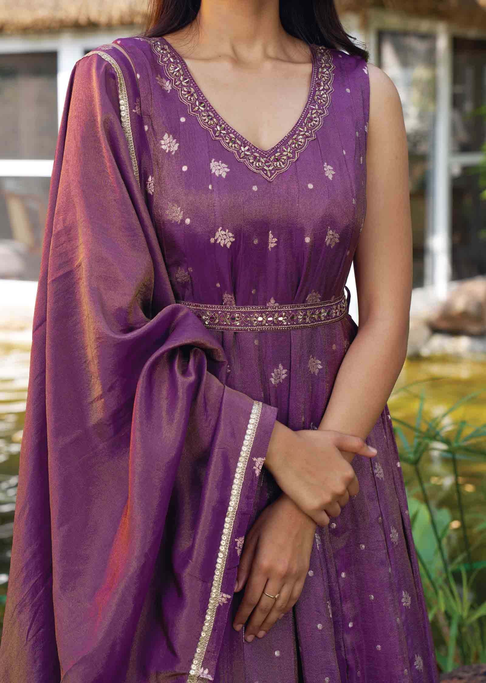 tissue silk dresses 1970s Treacy Lowe Purple Tissue Silk Maxi Dress Indian Block Print