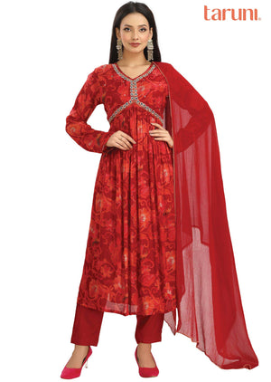 Red Chinnon Printed Alia cut Anarkali