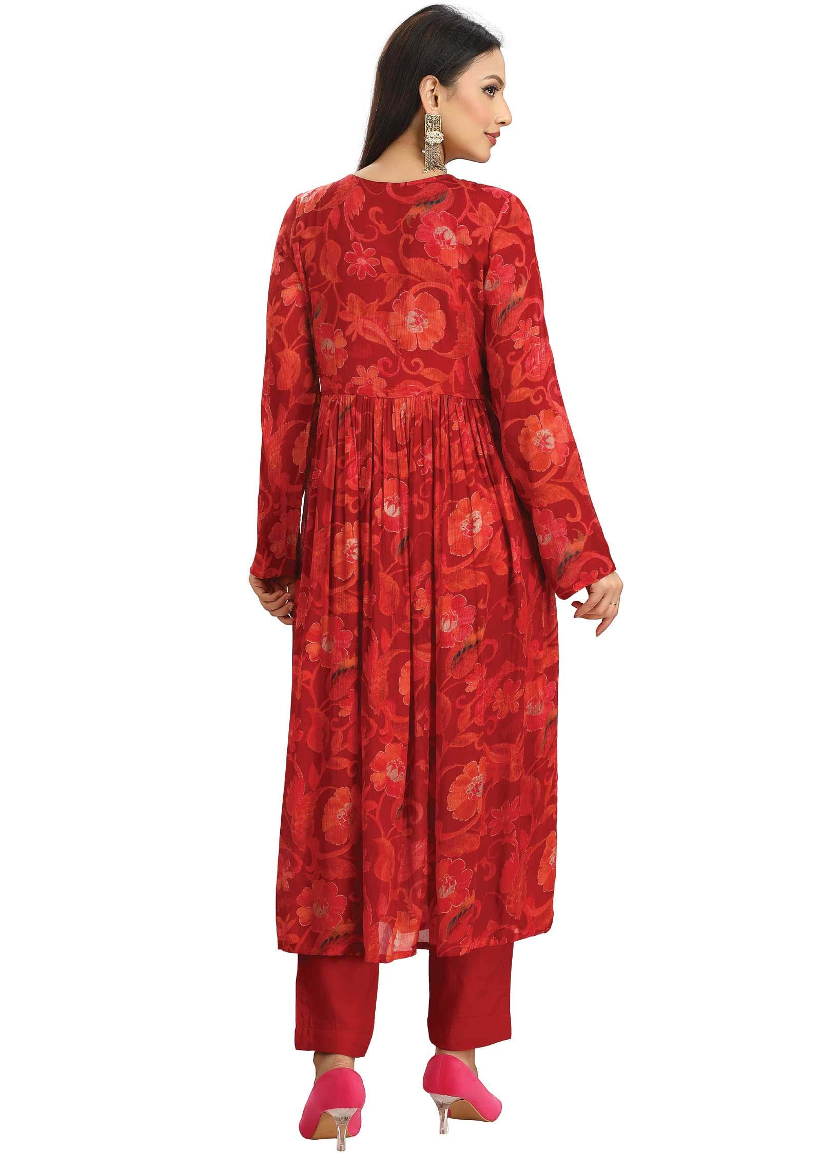 Red Chinnon Printed Alia cut Anarkali