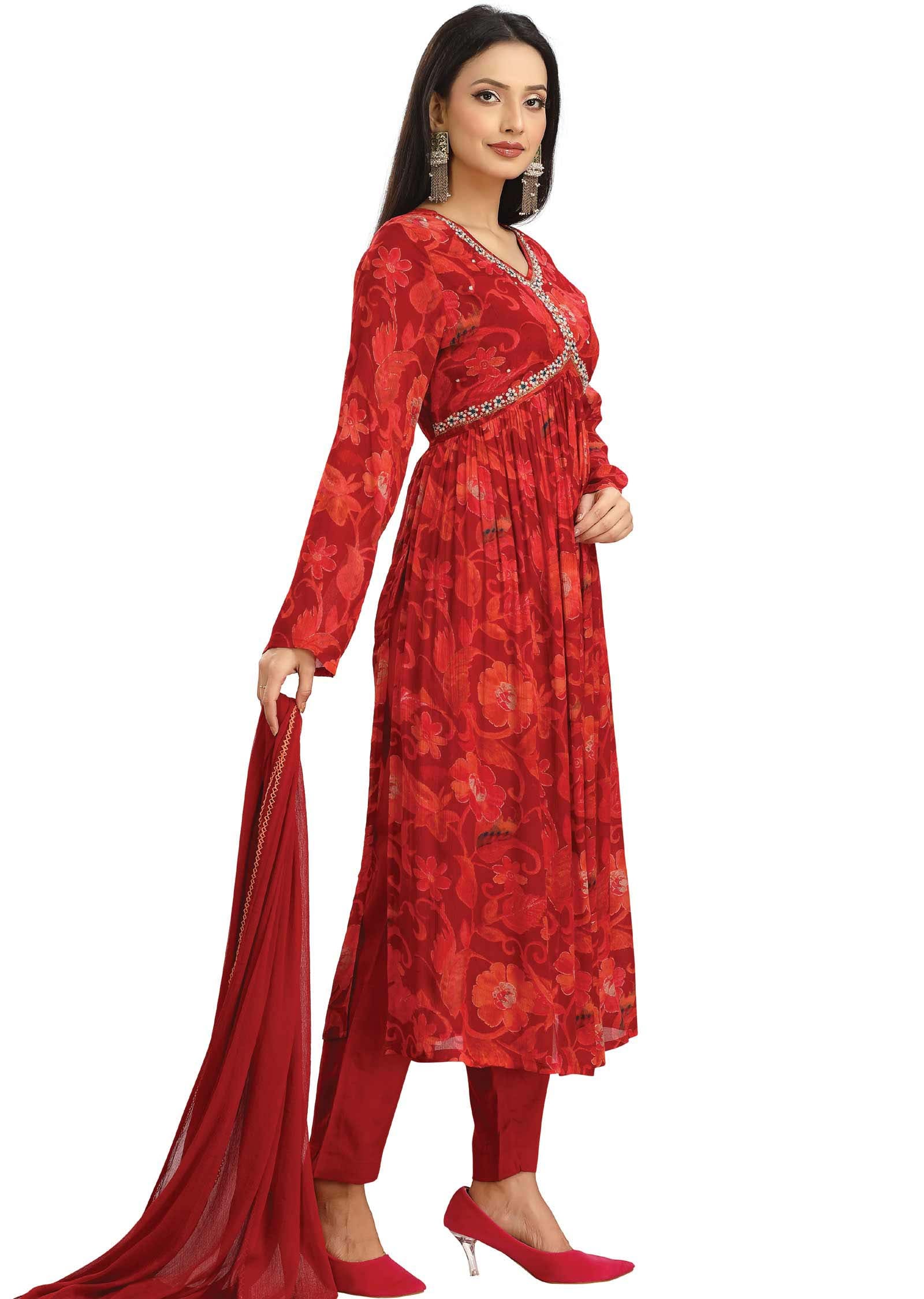 Red Chinnon Printed Alia cut Anarkali